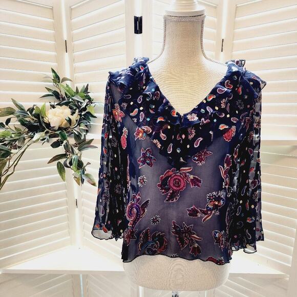 ALICE & OLIVIA SHEER RUFFLE BLACK BELL SLEEVE FLORAL BLOUSE SIZE SMALL